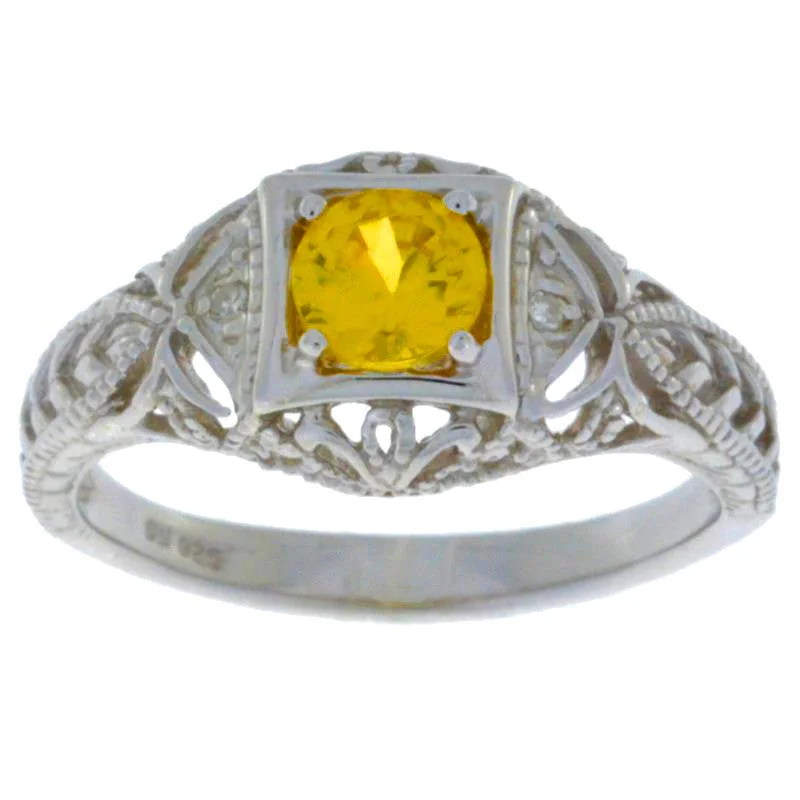 Wedding Ring Set with Sapphire-0.50 Ct Citrine & Diamond Round Ring .925 Sterling Silver