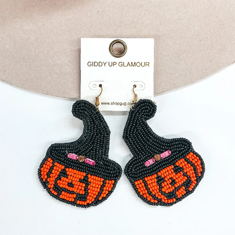 Modern Bridal Earrings-Seedbeaded Pumpkin Earrings with Witch Hat in Orange and Black