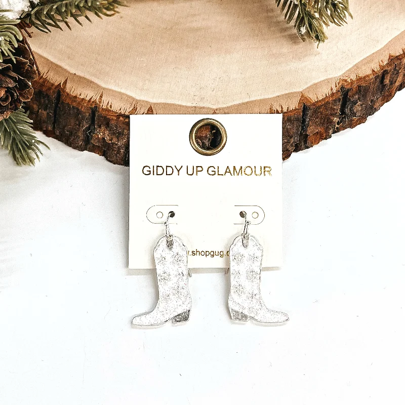 Funky Earrings for Teens-Winter Fate Snowflake Pattern Boot Pendant Earrings in White