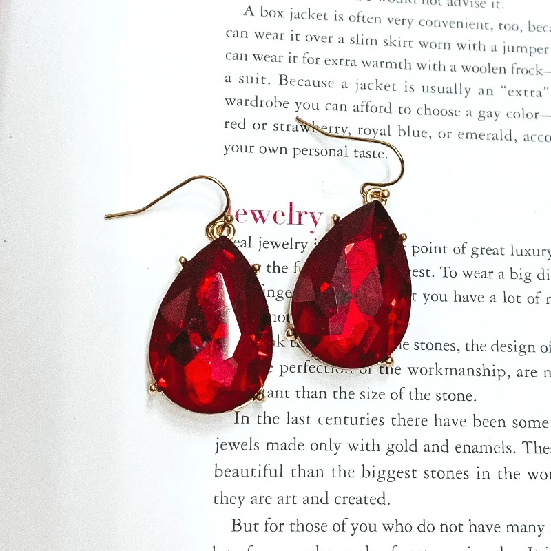 Trendy Drop Earrings-Pink Panache | Large Red Teardrop Crystals on Gold Fish Hook Earrings