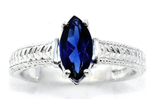 Personalized Wedding Ring-1 Ct Created Blue Sapphire Marquise Ring .925 Sterling Silver Rhodium Finish