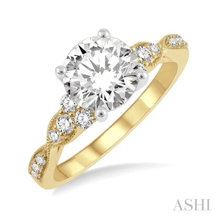 Unique Diamond Ring-1/4 ctw Carved Shank Round Cut Diamond Semi Mount Engagement Ring in 14K Yellow and White Gold