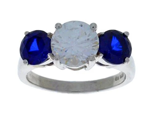 Modern Wedding Band Set for Women-Blue Sapphire & Zirconia Round Ring .925 Sterling Silver