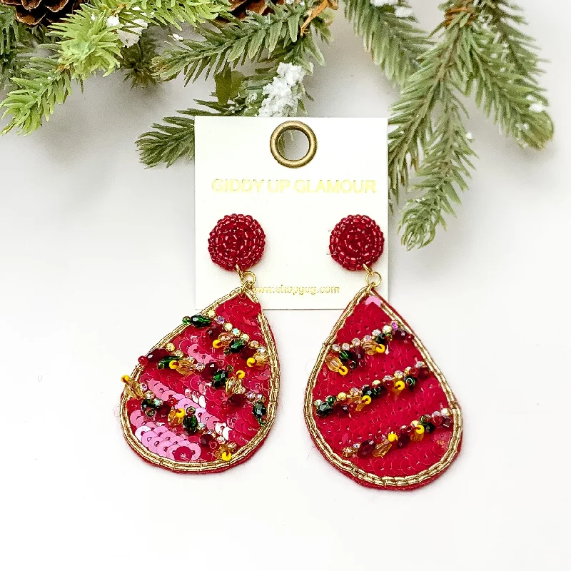 Elegant Gemstone Stud Earrings-Sequin Beaded Teardrop Earrings with Beaded Tassels in Red