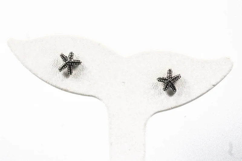 Boho Hoop Earrings-Sterling Silver Antiqued Starfish Earrings with Cubic Zirconia