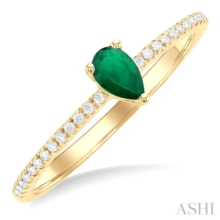 Unique Diamond Ring-5x3 MM Pear Cut Emerald and 1/10 ctw Petite Round Cut Diamond Precious Fashion Ring in 10K Yellow Gold