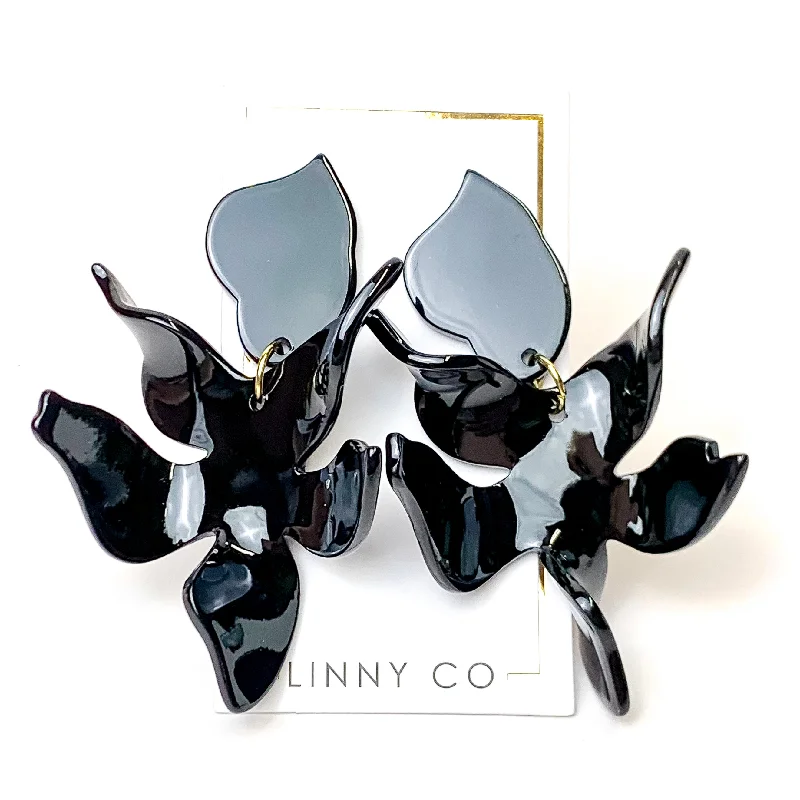 Modern Stud Earrings-Linny Co | Flora Drop Earrings in True Black