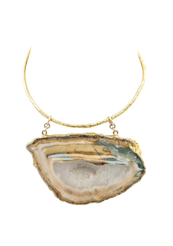 Sparkling Pendant Necklace-Geode Slice Pendant Gold Bar Necklace