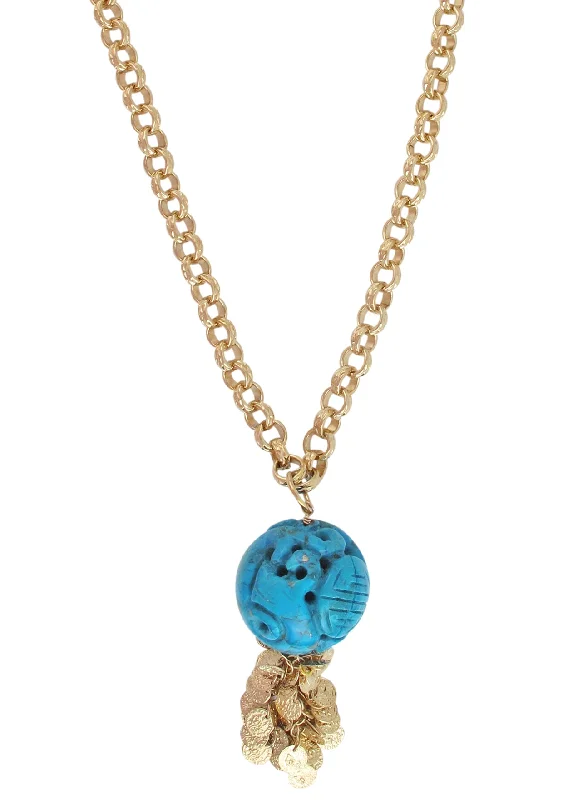 Silver Chain Necklace-Carved Turquoise Ball Pendant Gold Necklace