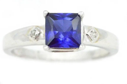 Simple Silver Ring-1 Ct Created Blue Sapphire & Diamond Princess Cut Ring .925 Sterling Silver Rhodium Finish