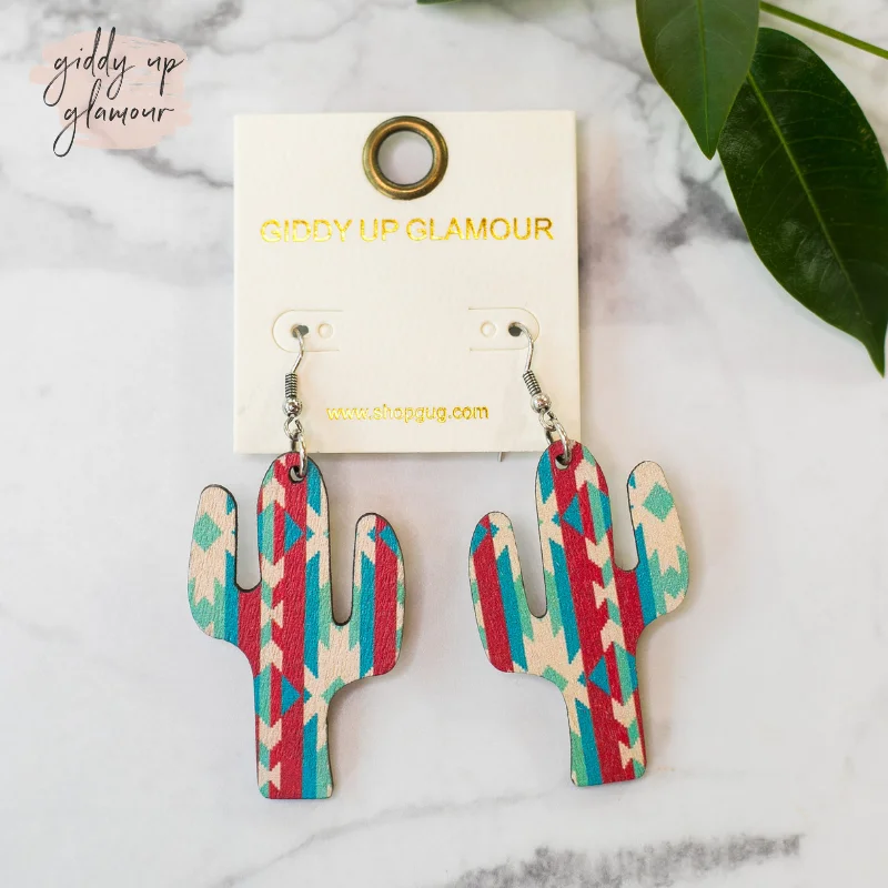 Fine Silver Earrings-Cactus Wooden Earrings in Turquoise and Red Aztec