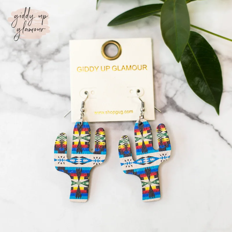 Modern Drop Earrings-Cactus Wooden Earrings in Aztec