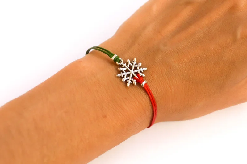 Custom Engraved Silver Bracelet-Women bracelet with silver snow flake charm, red and green cords