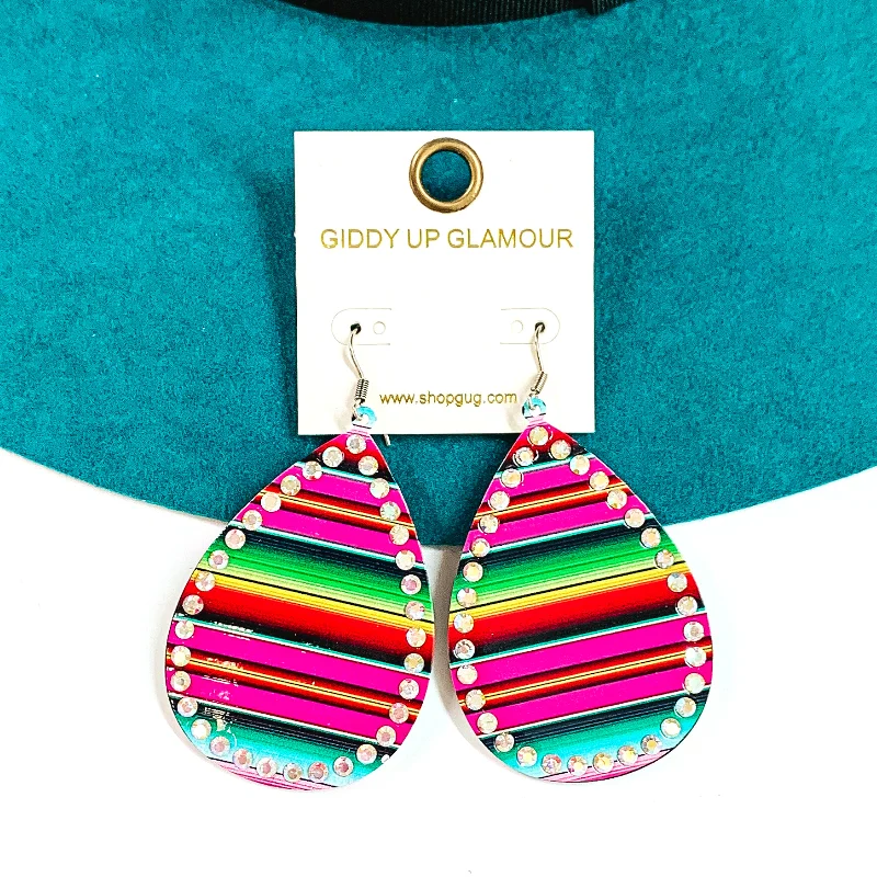 Diamond Dangle Earrings-Serape Print Teardrop Earrings with AB Crystals in Pink Mix