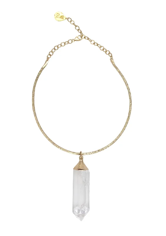 Statement Necklace with Pearls-Clear Quartz Spike in Gold Foil Bar Necklace