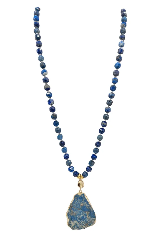 Luxury Necklace with Diamonds-Long Lapis Blue Pendant Necklace