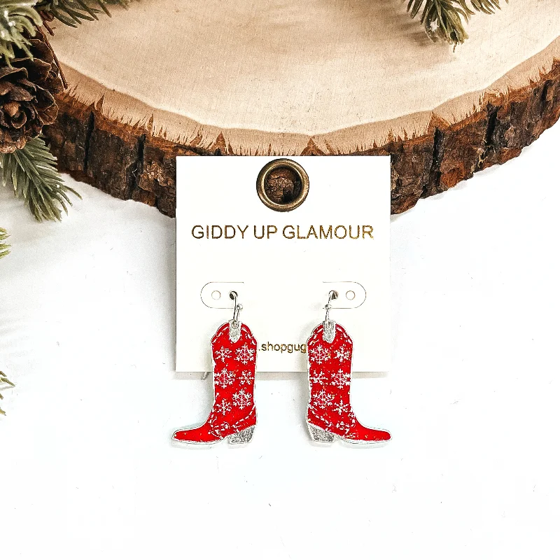 Crystal Drop Earrings-Winter Fate Snowflake Pattern Boot Pendant Earrings in Red