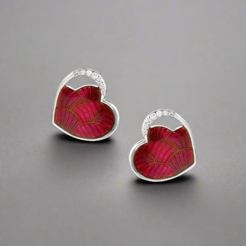 Retro Earrings for Women-SS Red Heart Stud Earrings with White Sapphires