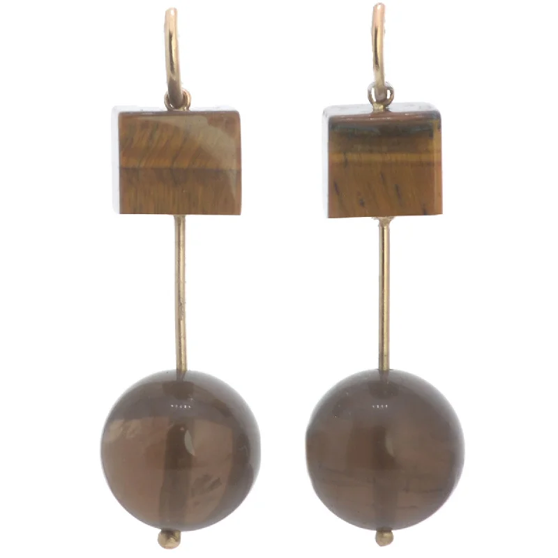 Modern Gold Earrings-Sculpture Hooplet Earrings Tigers Eye Smoky Quartz