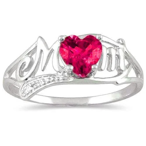 Men's Gold Wedding Ring-.50 Ct Created Ruby Heart & Diamond Mom Ring .925 Sterling Silver Rhodium Finish