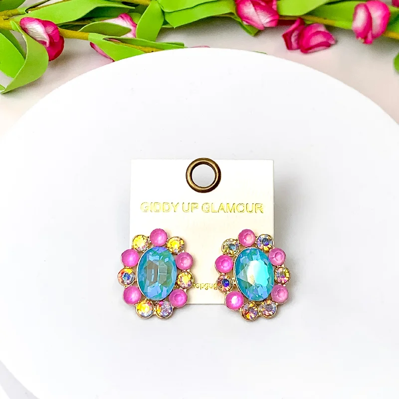 Bohemian Style Earrings-Elegant Echoes Gold Tone Oval Concho Stud Earrings in Turquoise Blue and Pink