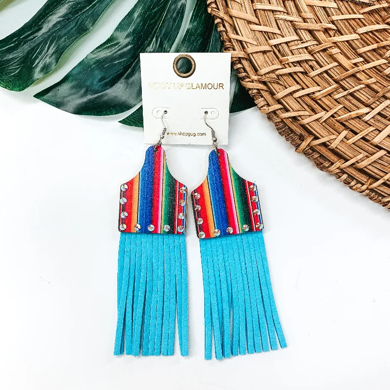 Stud Earrings for Women-Serape Cattle Tag Wood Earrings with Turquoise Tassels