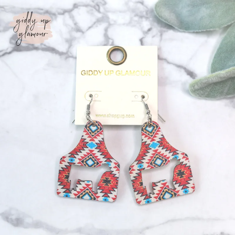 Small Hoop Earrings for Women-Cattle Tag Wooden Earrings in Red Aztec