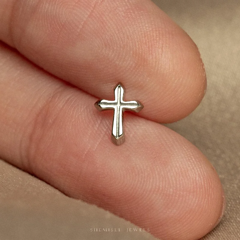 Small Stud Earrings for Women-Tiny Cross Threadless Flat Back Earrings, 20,18,16ga, 5-10mm Unisex, Surgical Steel SHEMISLI SS1179