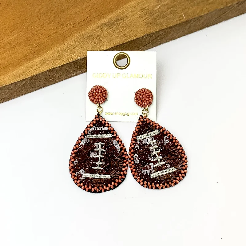 Personalized Name Earrings-Football Teardrop Beaded Earrings With Sequins in Brown