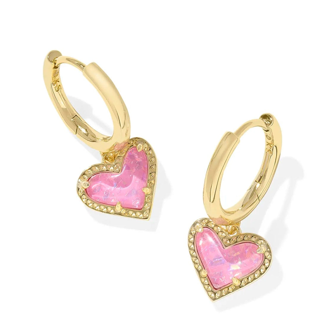 Minimalist Silver Earrings-Kendra Scott | Ari Heart Gold Huggie Earrings in Pink Iridescent Glitter Glass