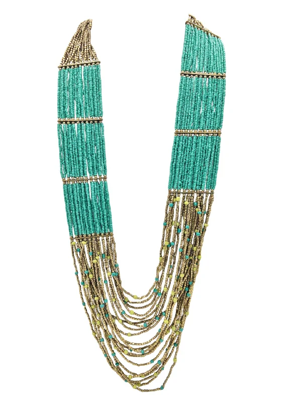 Gold Necklace with Gemstones-Multistrand Brass and Turquoise Deed Bead Ethnic Necklace