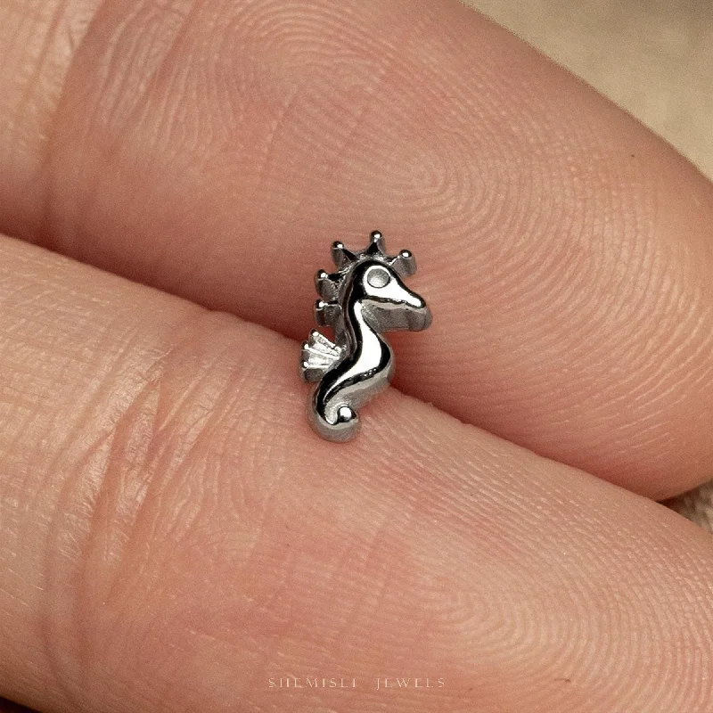 High-End Earrings for Weddings-Tiny Seahorse Threadless Flat Back Earrings, 20,18,16ga, 5-10mm Unisex, Surgical Steel SHEMISLI SS1264