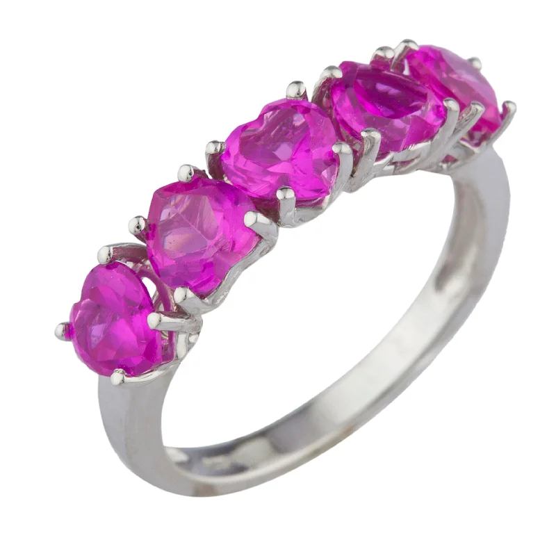 Gold Ring with Rubies-5 Hearts Pink Sapphire Heart Ring .925 Sterling Silver Rhodium Finish