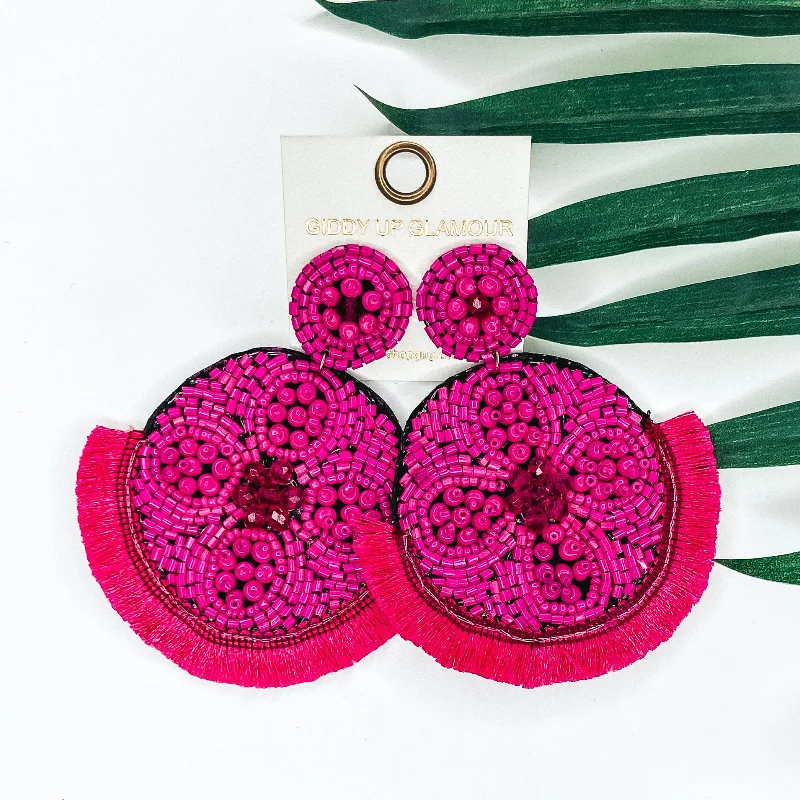 Gemstone Stud Earrings-Large Seedbead and Crystal Beaded Statement Earrings with Fringe Trim in Fuchsia