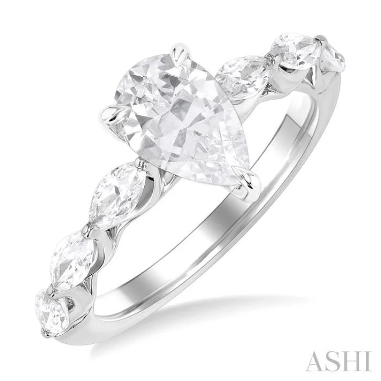 Custom Birthstone Ring-3/4 ctw Pear Shape Marquise and Round Cut Diamond Semi Mount Engagement Ring in 14K White Gold