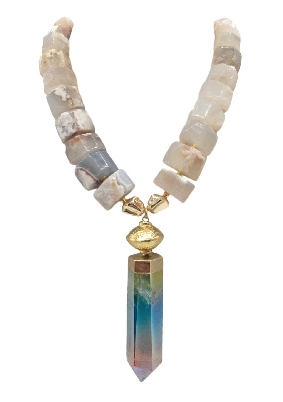 Wedding Necklace with Pearls-Agate Rainbow Crystal Quartz Pendant Necklace