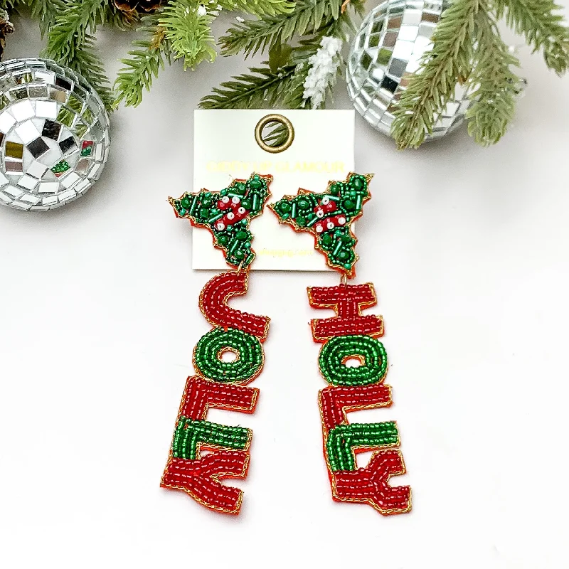 Fashion Earrings for Wedding Day-HOLLY JOLLY Beaded Drop Mistletoe Post Back Earrings in Red and Green