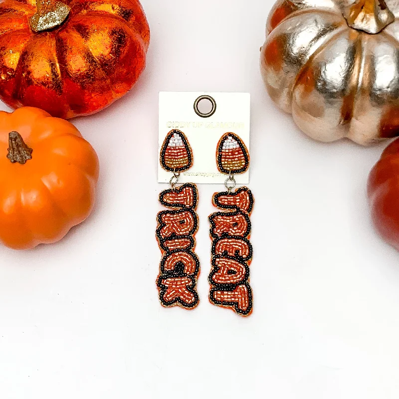 Fine Silver Earrings-Trick or Treat Halloween Beaded Earrings in Orange and Black