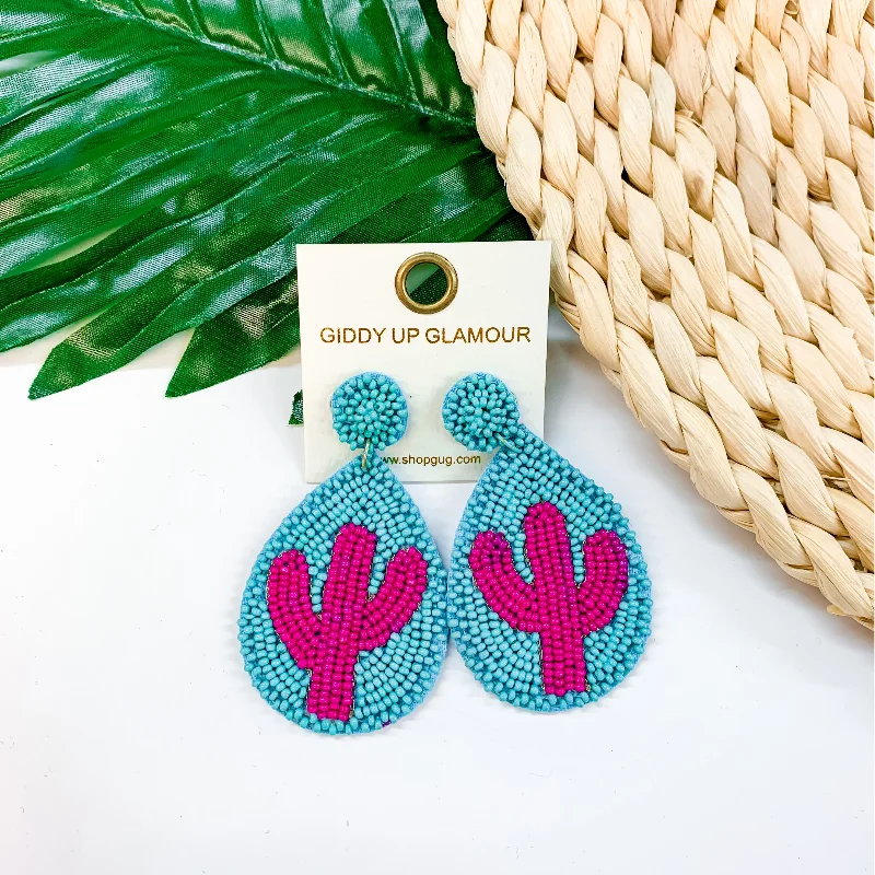 Black Earrings for Women-Lookin' Sharp Seed Bead Cactus Teardrop Earrings In Turquoise and Fuchsia