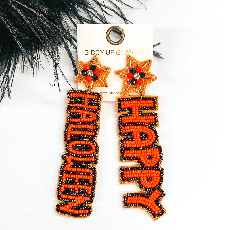 Elegant Earrings for Special Occasions-Happy Halloween Beaded Earrings in Orange