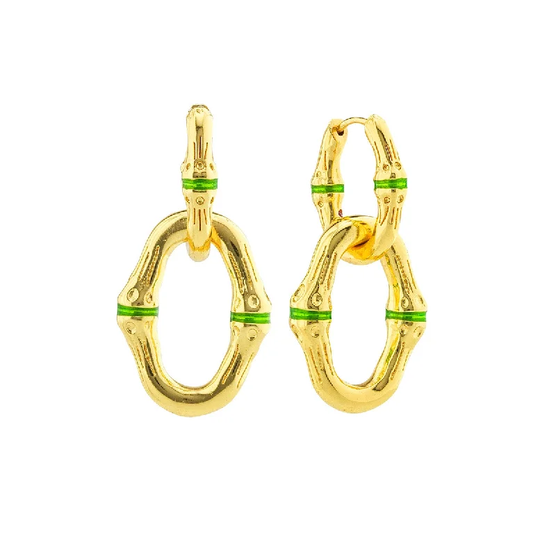 Luxury Diamond Earrings-Bangkok Bamboo Link Earrings - Gold/Green Enamel