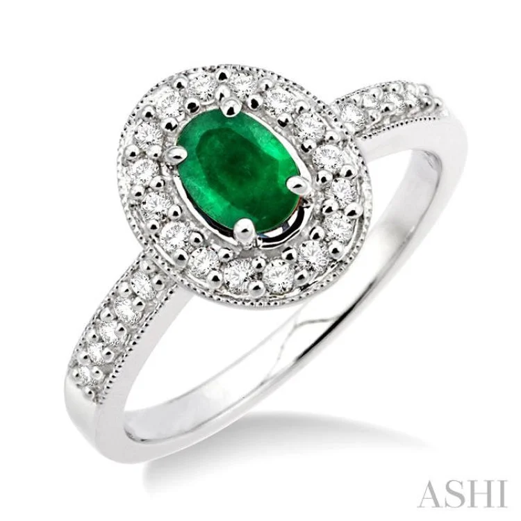 Custom Diamond Ring for Bride-6x4 MM Oval Cut Emerald and 1/4 ctw Round Cut Diamond Ring in 14K White Gold