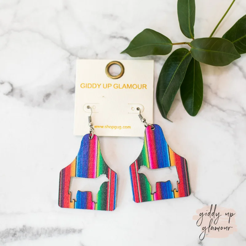 Beaded Dangle Earrings-Cattle Tag Wooden Out Earrings in Serape