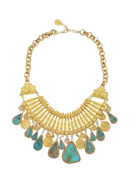 Dazzling Silver Necklace-Copper Infused Turquoise Gold Bib Necklace