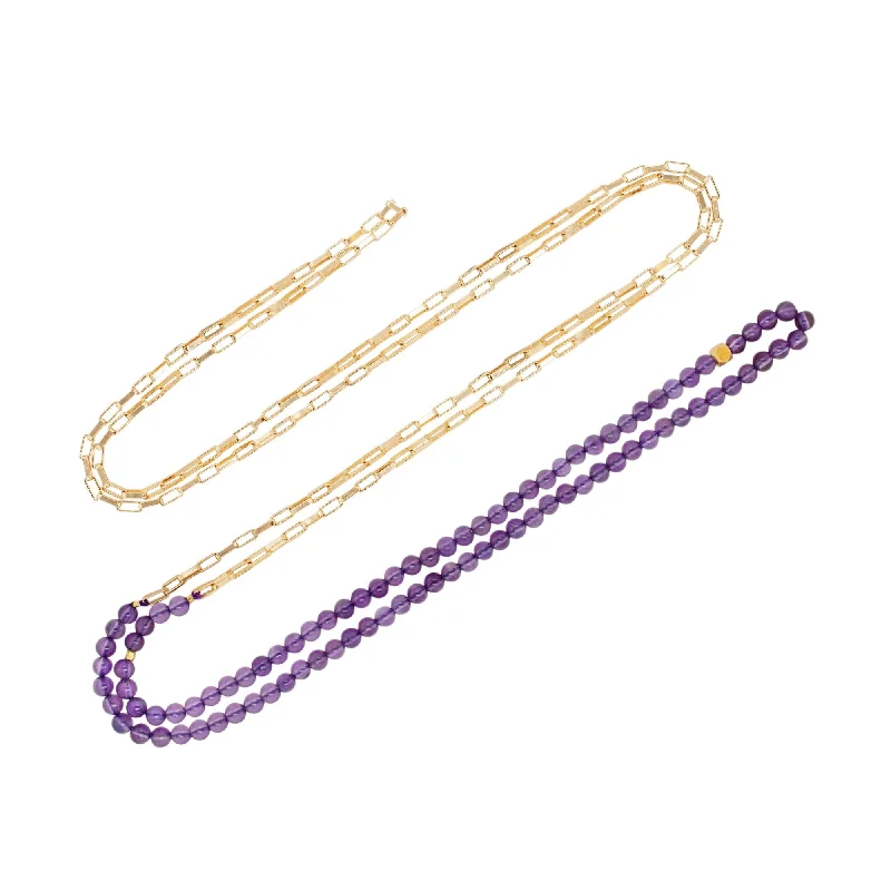 Trendy Pearl Necklace-Multi Gold Plated Necklace w. Amethyst