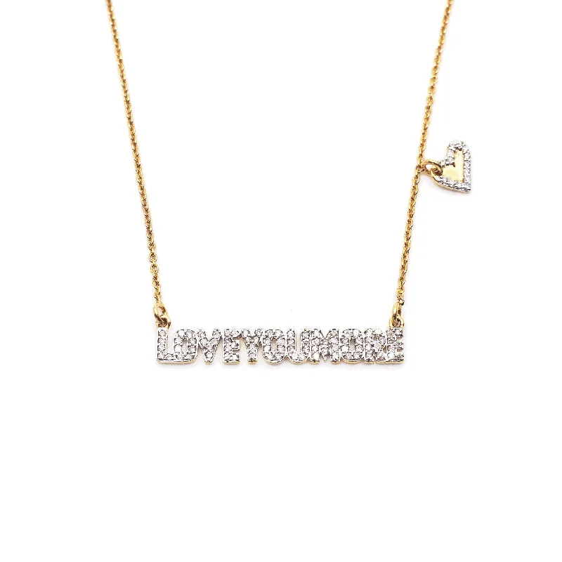 Vintage Pendant Necklace-Love You More Bar Necklace in White Diamond & 14K Gold