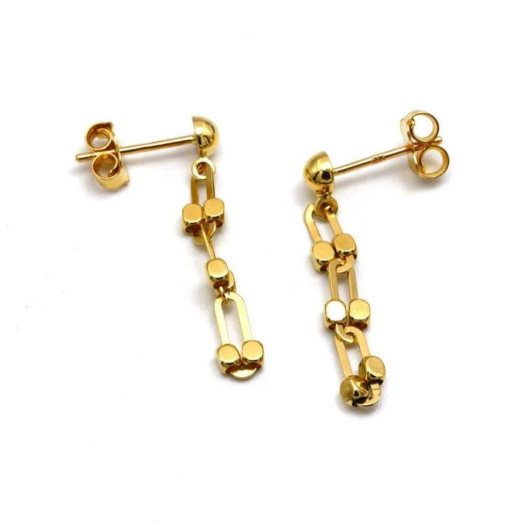 Unique Earrings for Bridesmaids-Real Gold Paper Clip GZTF 3 Beads Hanging Earring Set 1294/2 E1839