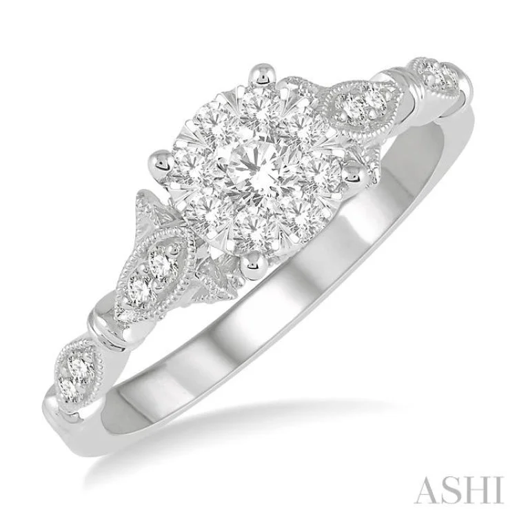 Trendy Wedding Band Set-1/2 ctw Marquise Shank Circular Mount Lovebright Round Cut Diamond Ring in 14K White Gold