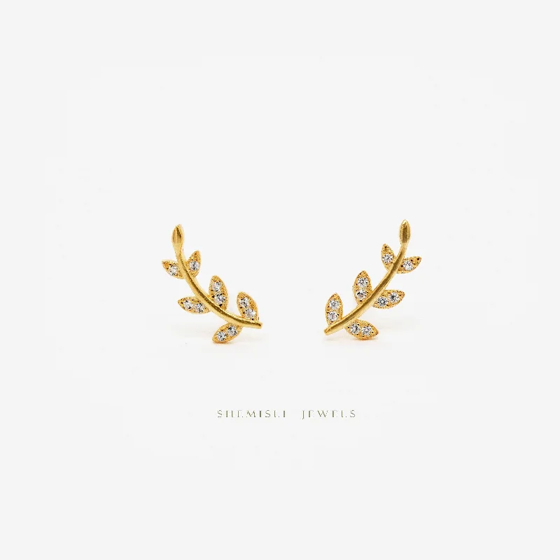 Unique Gold Earrings-CZ Leaf Climber Earrings, Gold, Silver SHEMISLI - SS208 LR