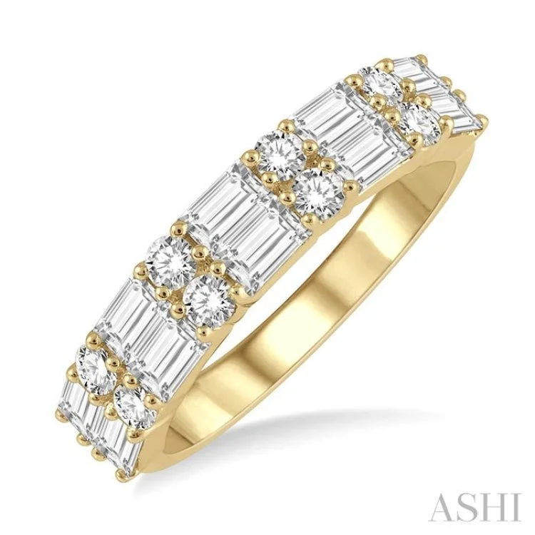 Trendy Gold Wedding Ring-1 1/5 ctw Double Baguette and Round Cut Diamond Fashion Band in 14K Yellow Gold